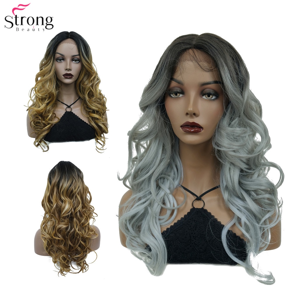 StrongBeauty Ombre Golden/Gray Long Curly Lace Fro..
